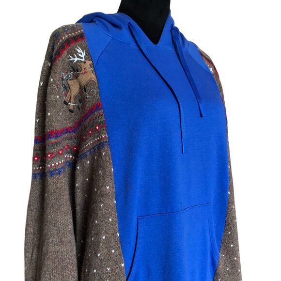 Upcycled Hoodie, Reindeer Sweater Sleeves, L-XL: Christmas Sweatshirt Jacket - Picture 5 of 12